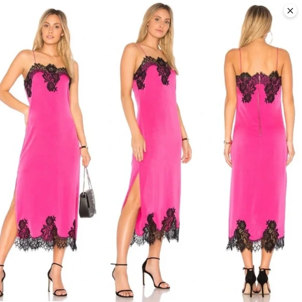 Alice + Olivia Vibrant Pink Slip Midi Dress with Black Lace Accents